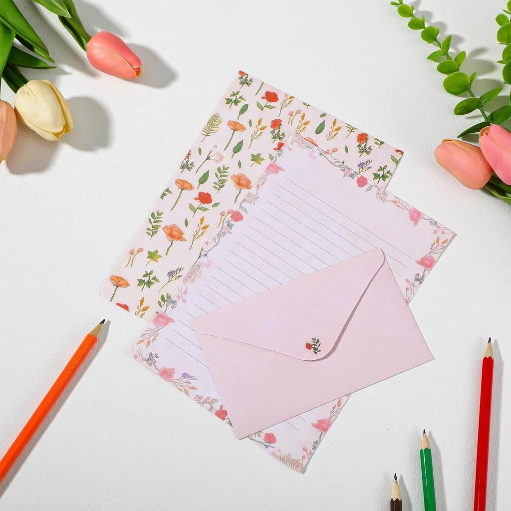 54Pcs Stationary Paper and Envelopes, Letter Writing Paper, Cute Writing Stationery Warm Floral Themed Stationary Kit, Lined Papers for Invitations