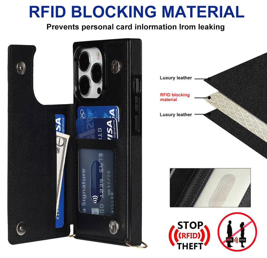 For iPhone 15 Pro Max RFID Blocking Card Holder Kickstand Cover Anti-drop Phone Case with Shoulder Strap