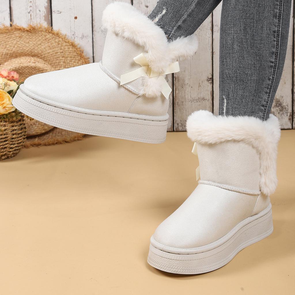 Winter New Snow Cotton Boots Women's Thick-soled Bow Short Tube Piled Thickened Warm Non-slip Cotton Boots