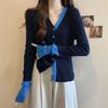 Color Block V Neck Long Sleeve Knit Top Women Spring New Single Breasted Design Slim Fit Versatile Blouse