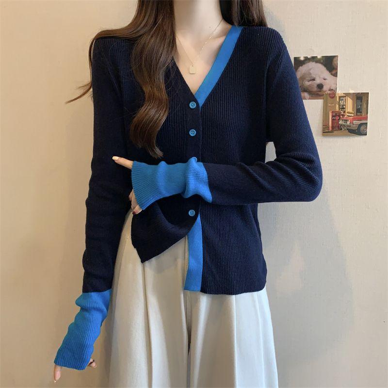 Color Block V Neck Long Sleeve Knit Top Women Spring New Single Breasted Design Slim Fit Versatile Blouse