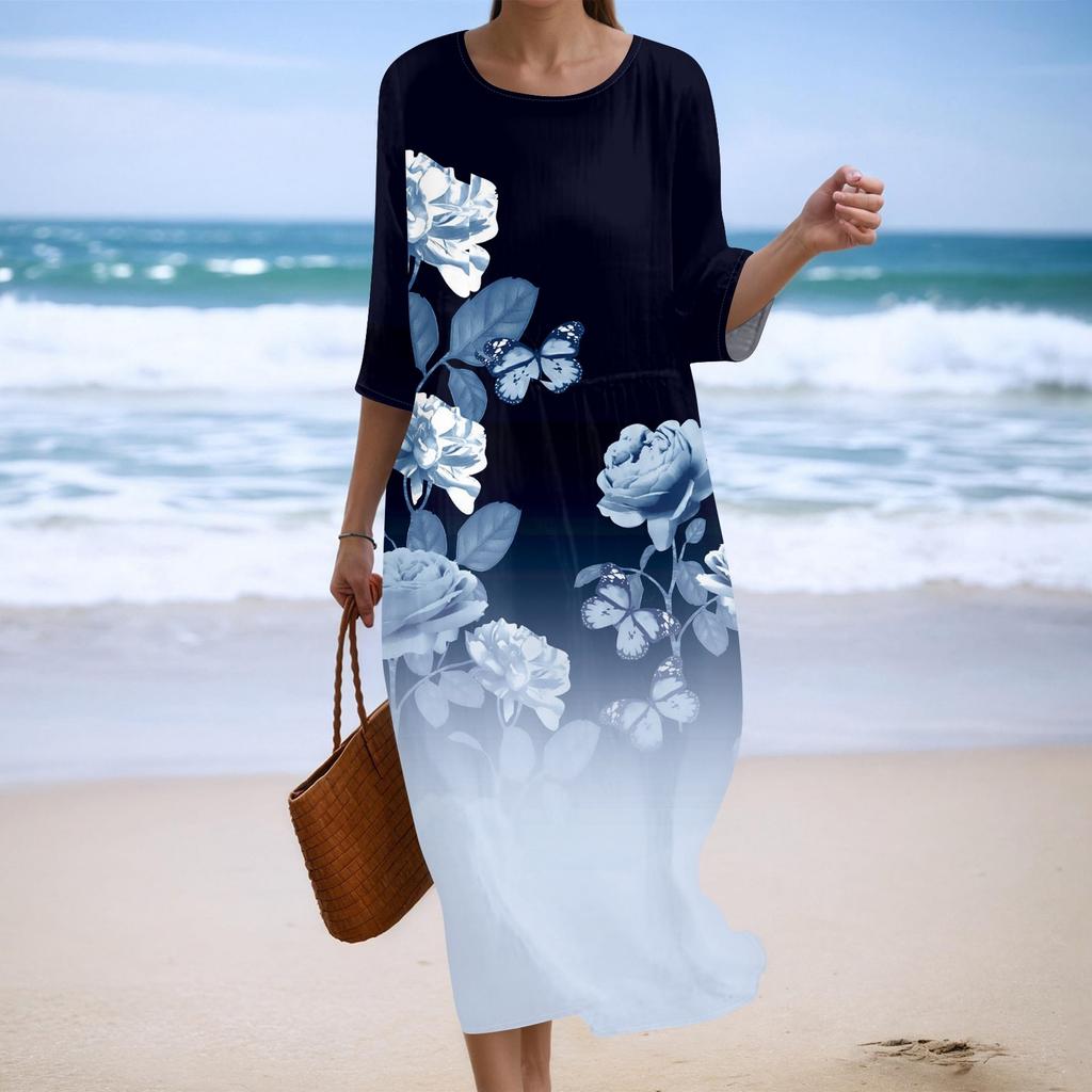 Damen Modisches Bedrucktes Rundhals Siebenviertelärmel Lockeres Kleid