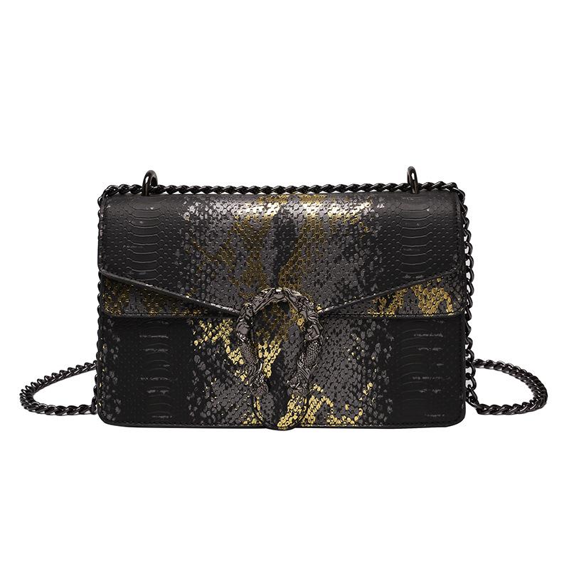 Snake pattern women's bag new retro black chain small square bag women's handbag velvet shoulder oblique span bag