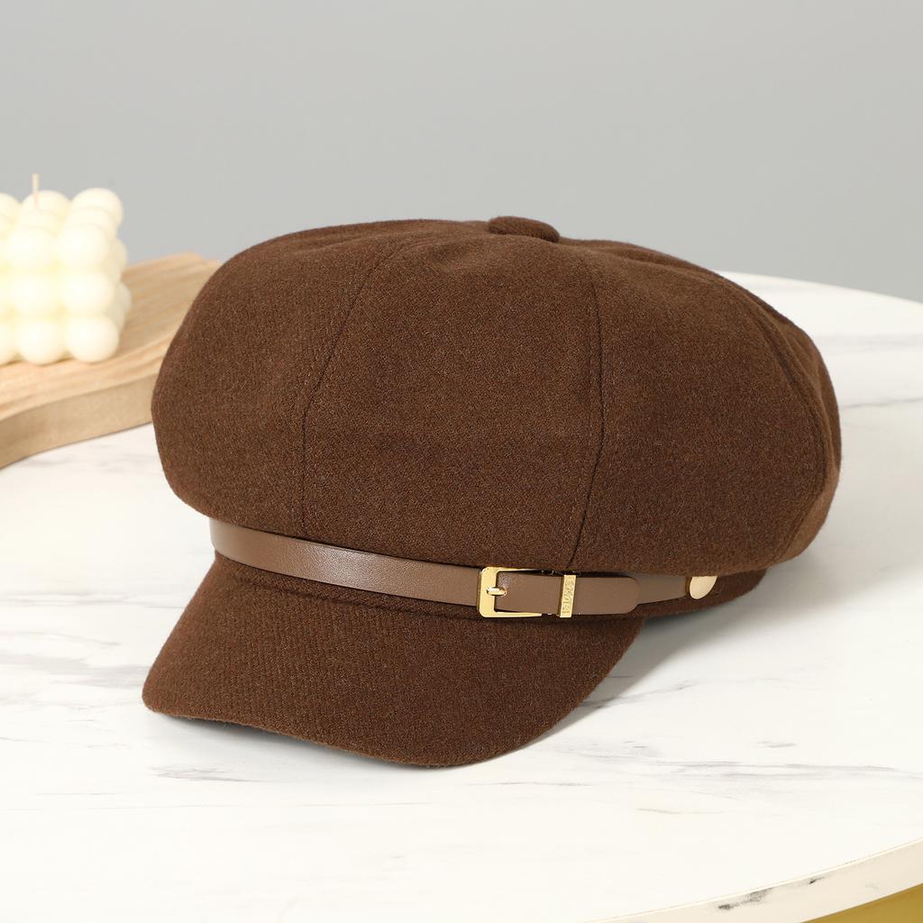 Temperament versatile octagonal hat women's autumn and winter fashion belt buckle newsboy hat high quality retro suede painter hat