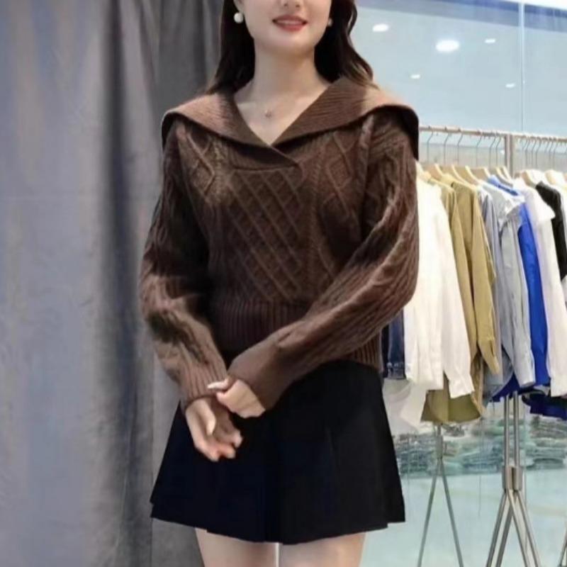 Autumn and Winter New Temperament Elegant Style Retro Navy Collar Rhombus Versatile Solid Color Knitted Sweater Top