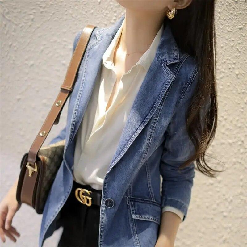 Frühling Herbst Vintage Anzug Frauen Jeans Jacke Casual Tops Lose Kurze Denim Blazer Outwear Weibliche Cowboy Basic Mantel