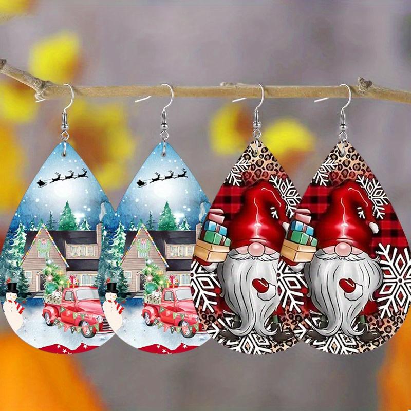 Red Car House Snowflake Print Waterdrop PU Earrings for Women Girls Bearded Dwarf  Cartoon Party Decorations Ornaments Christmas Gifts