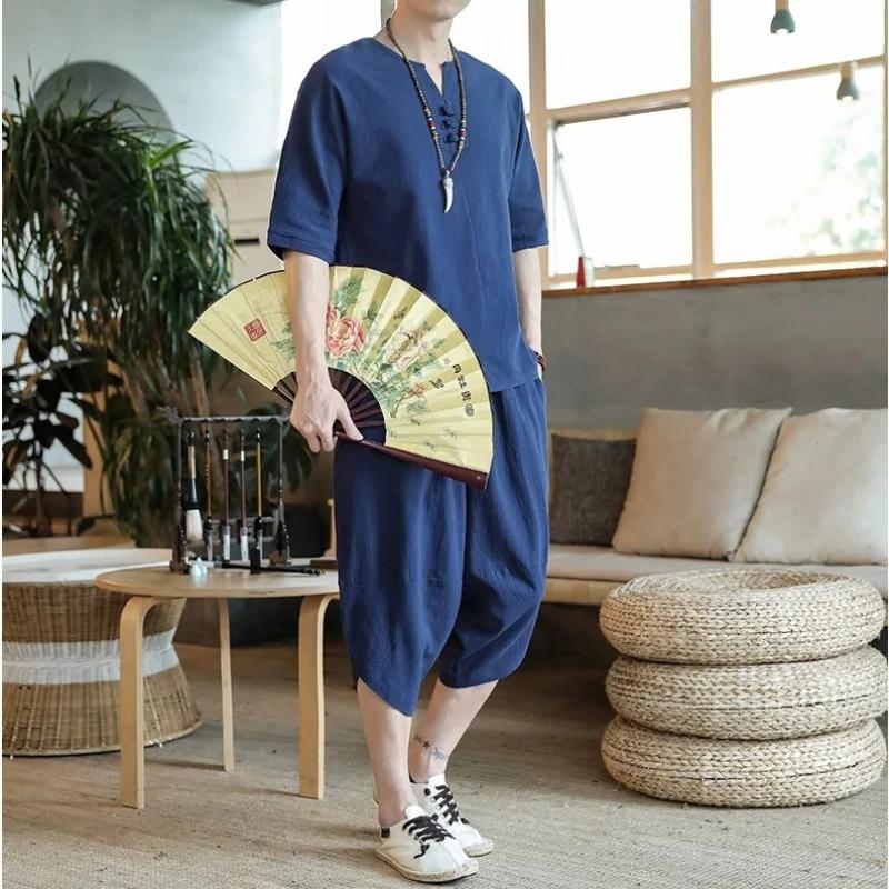 Set Estivi da Uomo in Cotone e Lino Moda Set Due Pezzi Uomo Pantaloni Capricciosi Larghi Casual Tuta Tang Taglia Grande