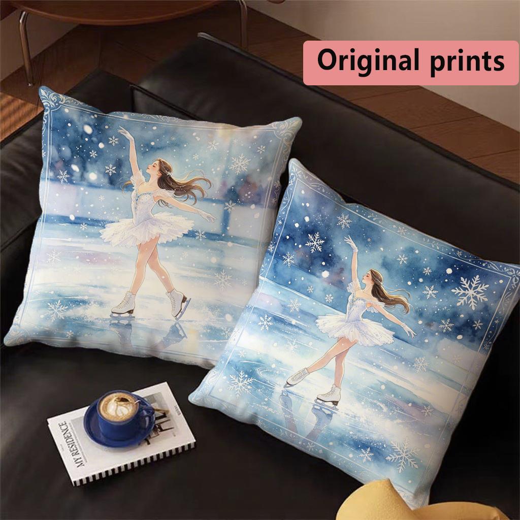 Watercolor Ice Skating Girl Throw Pillow Covers Pattern Cushion Cover Suitable for Sofa Bedroom Car Pillow Cover