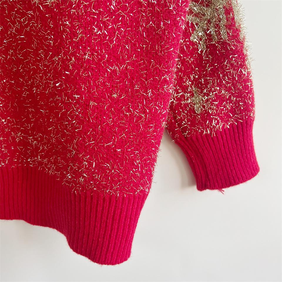Autumn and Winter New Christmas Sweater Women's Pullover Gold Thread Pulled Hair Jacquard Large Snowflake Elk Christmas Sweater Woman