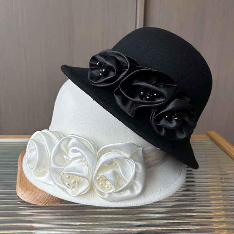 European And American Xiaoxiangfeng Satin Flower Fashion Hat, Small Edge Autumn And Winter Dome Thermal Basin Hat, Women'S Wool Woolen Top Hat