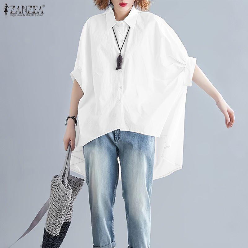 ZANZEA Women Casual Turn Down Collar Loose Half Sleeve Irregular Blouse