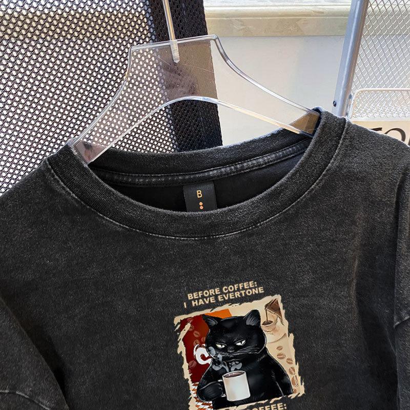 Washed Vintage Oversize Long Sleeve T-Shirt Unisex Black Cat Print Loose Casual Pullover Top Autumn