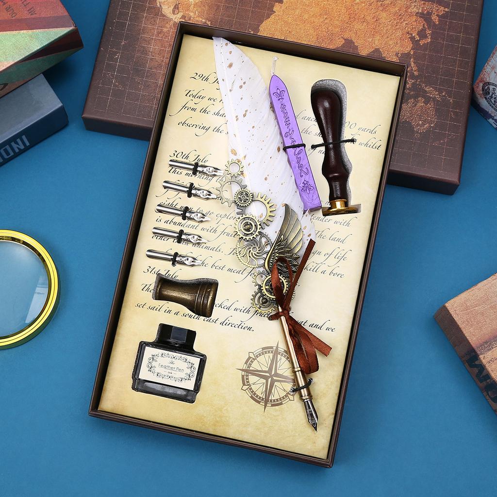 Retro Feather Pen Mechanical Feather Pen Steampunk Dip Pen Qixi Festival Gift Box Set Gift
