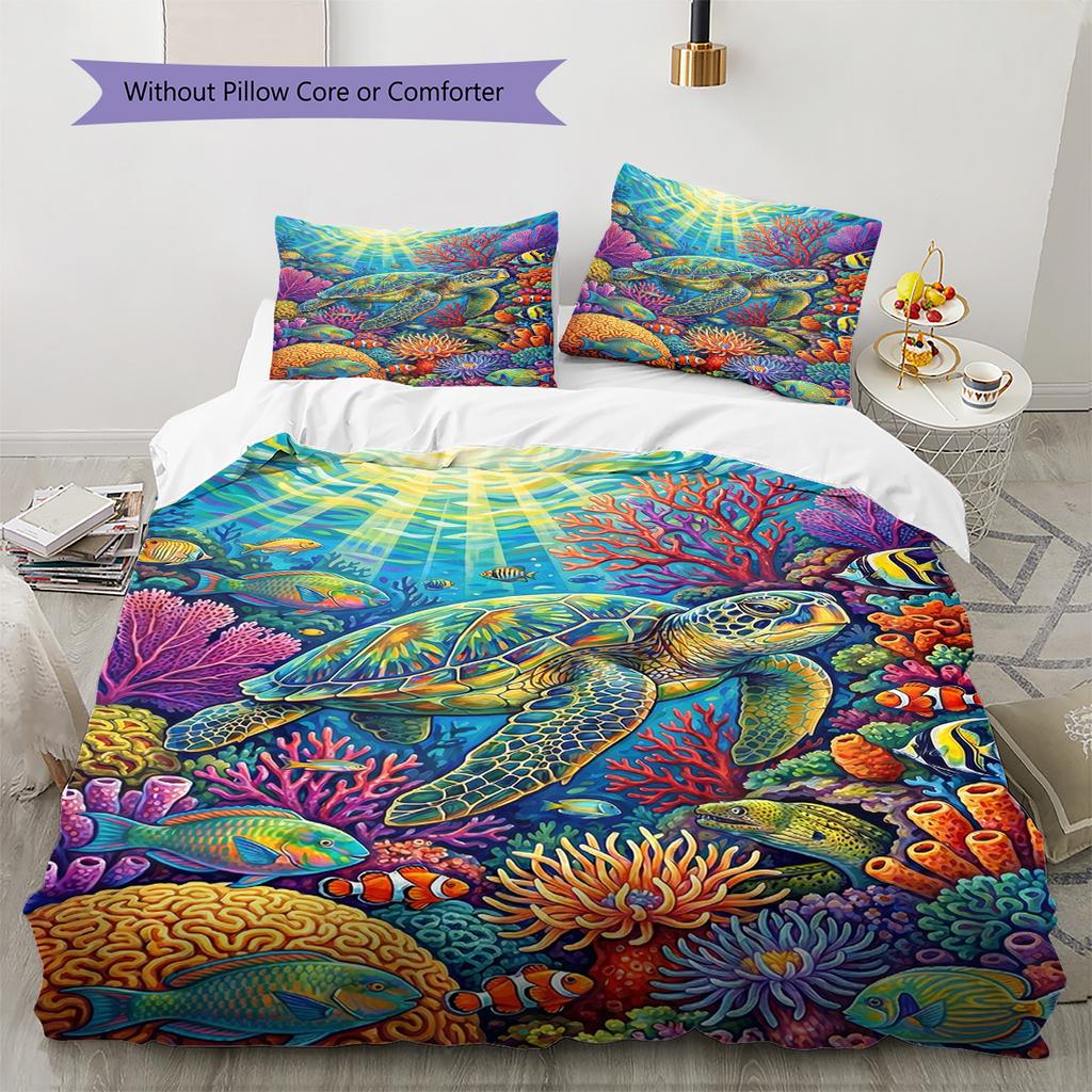 Colorful Sea Turtle Pattern Bedding Set Quilt Cover Pillowcase Home Decor Gift (1 * Duvet Cover + 2 * Pillowcase, Without Core)