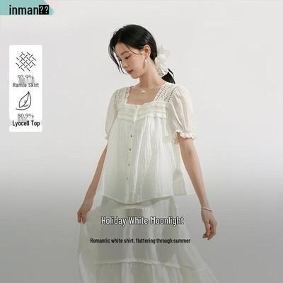 INMAN Ramie Square Neck Puff Sleeve Shirt