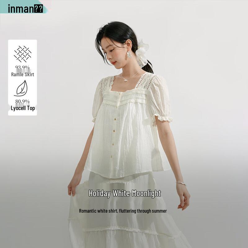 INMAN Ramie Square Neck Puff Sleeve Shirt