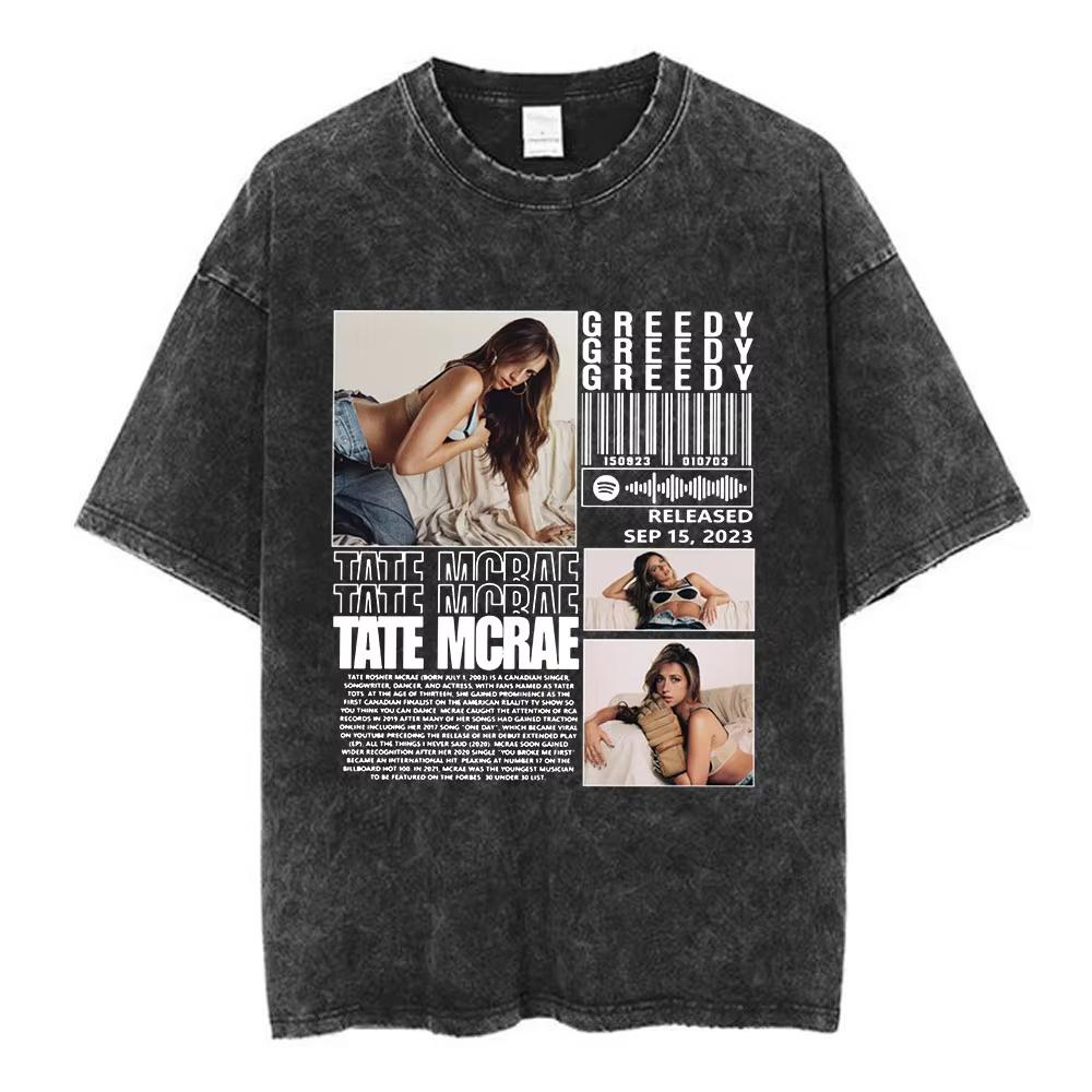 

Трендовая футболка Tate Mcrae Greedy Album Tour Merch для мужчин и женщин, винтажная потертая футболка с коротким рукавом, свободный повседневный топ 3XL