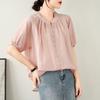 Johnature Sommer Tynn Enkel Ensfarget Dame Topper Casual O-hals Kort Erm Knapp Løs Alt Match Skjorter