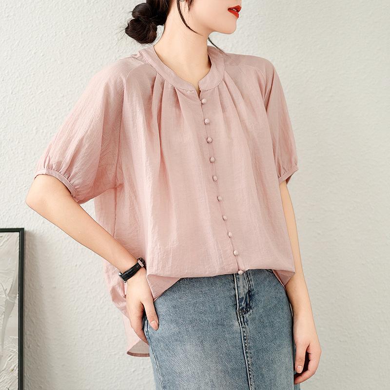 Johnature Summer Thin Simple Solid Color Women Tops Casual O-neck Short Sleeve Button Loose All Match Shirts