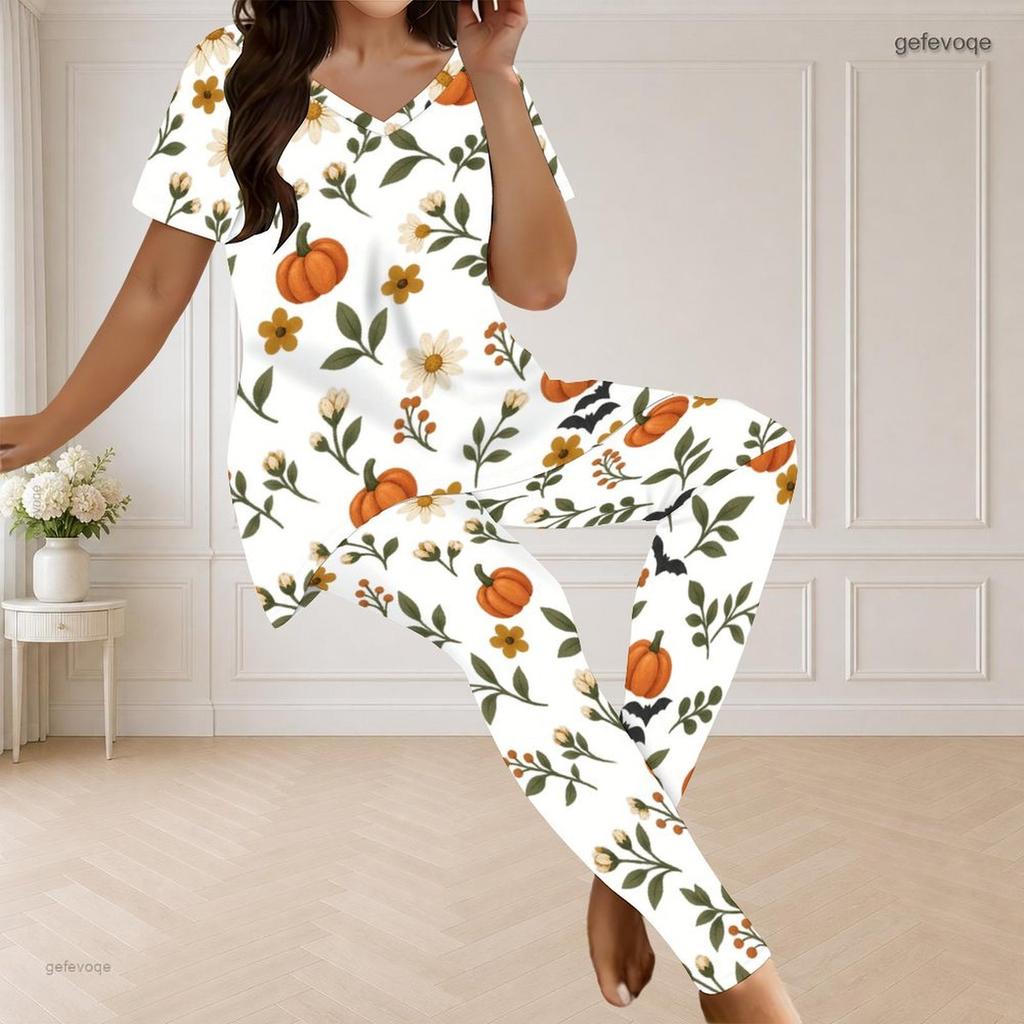 Women Plus Size V Neck Short Sleeve Pajama Set Pumpkin Bat Bow Print White Loungewear