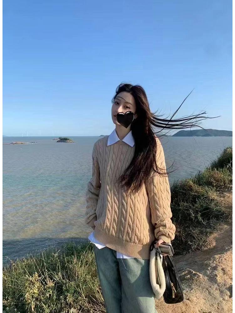 Pulover larg tricotat cu cabluri retro pentru femei - Stil coreean Toamnă/Iarnă
