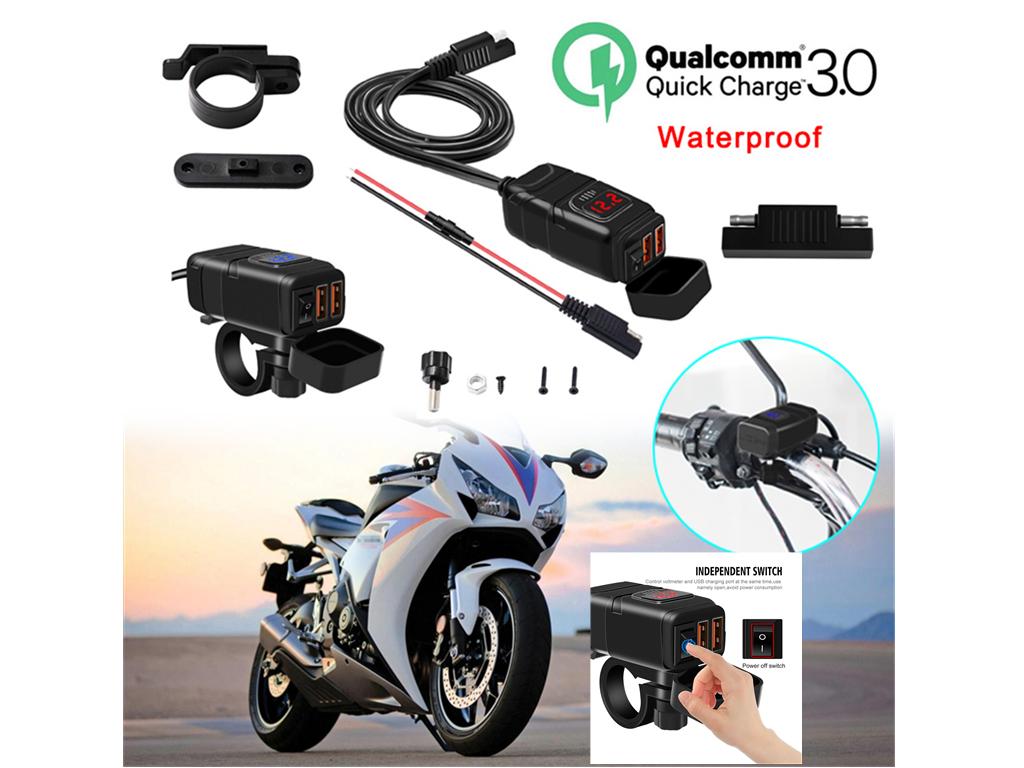 

12V Мотоциклетное Двойное USB Зарядное устройство Крепление на руль Вольтметр QC3.0 Быстрая зарядка x1