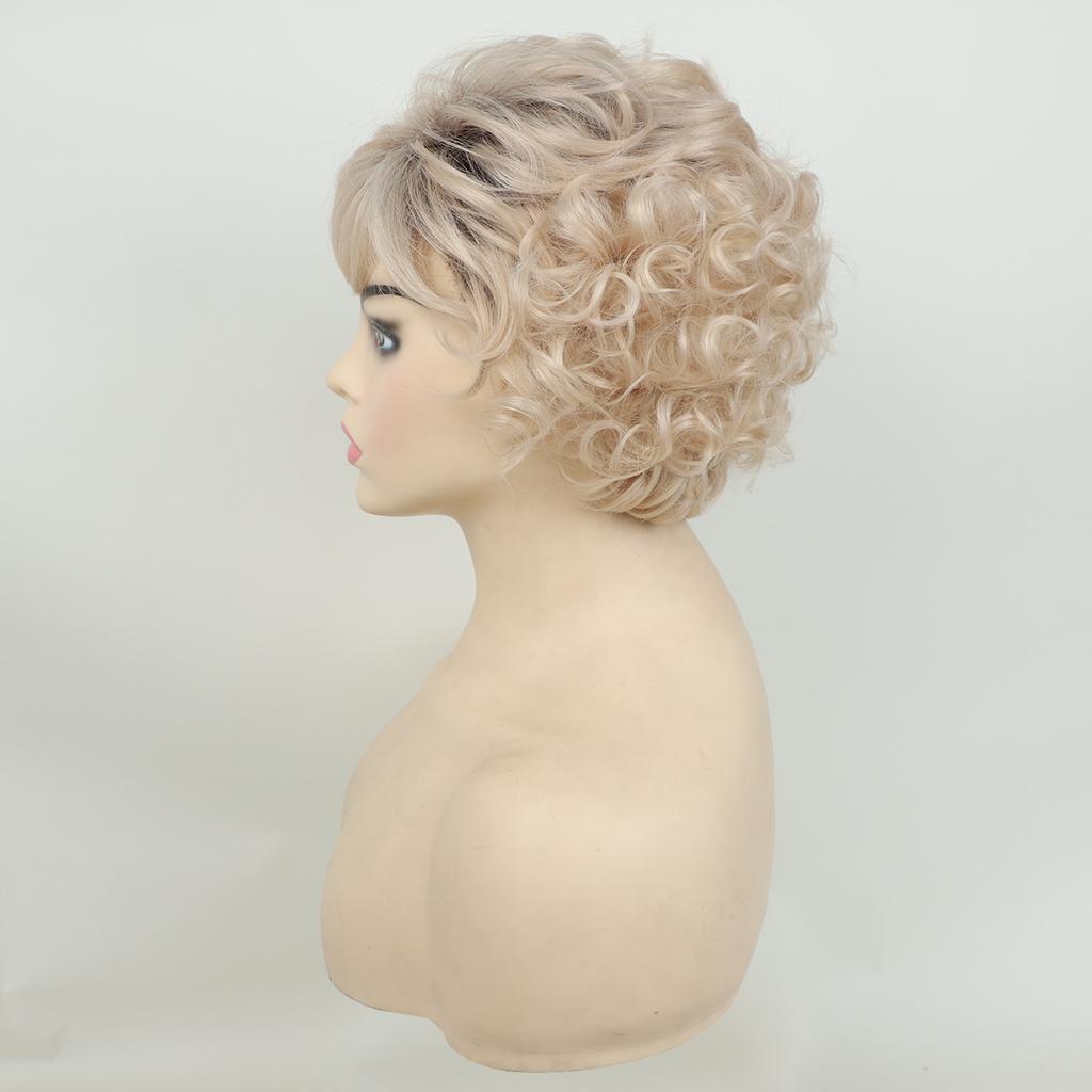 Synthetische Damen Flauschige Perücke Hellblond Kurz Gestuft Lockig mit Pony Für Frauen Täglicher Party Kostüm Gebrauch Hitzebeständig