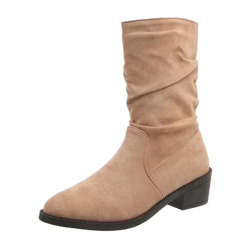 Women's Shoes on Sale Sleeve Women's Boots Autumn Round Toe Suede Solid Middle Tube Chunky Heels Fashion Boots Zapatos De Mujer