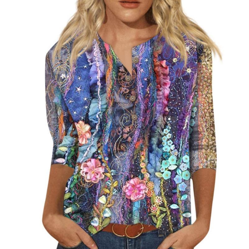 Button V-neck 3D Printed Top Fashionable Casual Long Sleeved Women's T-shirts