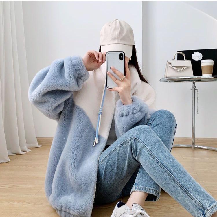 Luxury Lamb Fur Coat Women Shearling Jacket Winter Warm Mid Length Outerwear Fashion