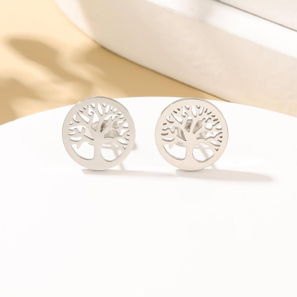 Women's Titanium Steel Tree of Life Dangle Earrings - 18K Gold, European & American Fashion Jewelry.