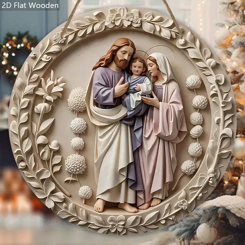 Nativity Scene Wooden Sign, Charming Jesus's Family Round Sign for Front Door Wall Church Hanging Decor, Ideal Christmas Gift for Christians
