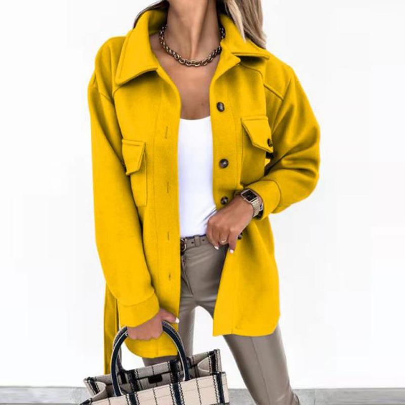 Autumn Winter Long Sleeved Cardigan Women Coats Plus Size Solid Color Casual Loose Simple Lapel Button Woolen Jackets Pockets Lace-up Women's Clothing