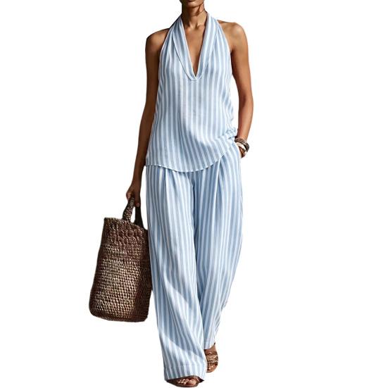 Women's Summer Striped Two Piece Set Sleeveless Halter Neck Top And Long Pants Matching Sets Casual Travel Vacation Outfits