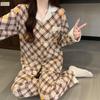 Cloud Cotton Korean Style Striped Plaid Pajama Set: Long Sleeve Cardigan & Pants for Indoor/Outdoor Wear, Real Shot.