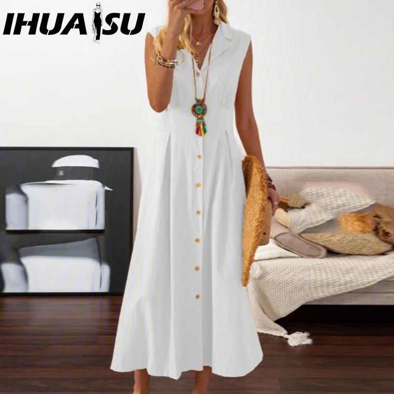 IHUASU Áčkové šaty Elegantní Krásná Dámské šaty Jednořadé Dlouhé šaty s Velkým Lemem Jednobarevné