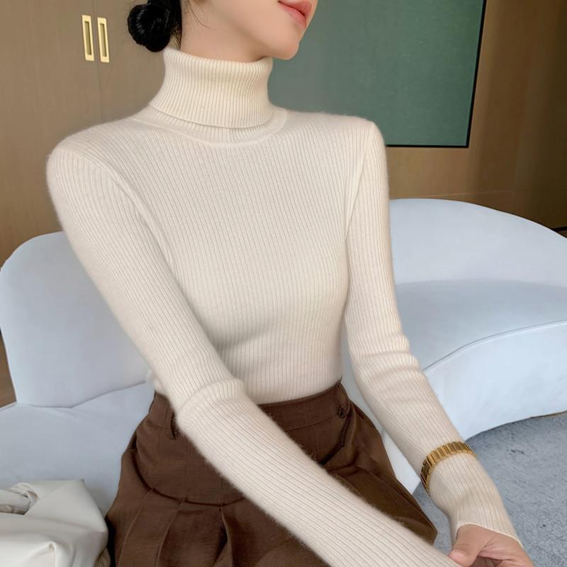 Podzimní a zimní svetr s vysokým límcem pro ženy, úzký pletený svetr s žebrovou vazbou, s těsným pulovrem uvnitř, všestranný hřejivý top s dlouhým rukávem