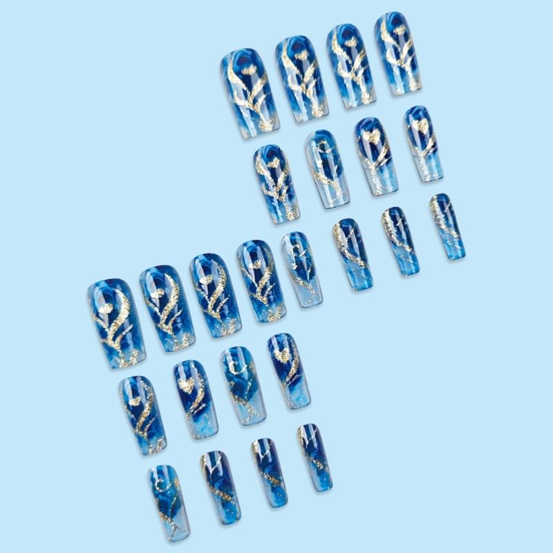 24 Stück Falsche Nägel Set Gold Glitzer Herz Dekoration Blau Blühende Maniküre Aufklebenagel für Stilvolle Frauen und Mädchen