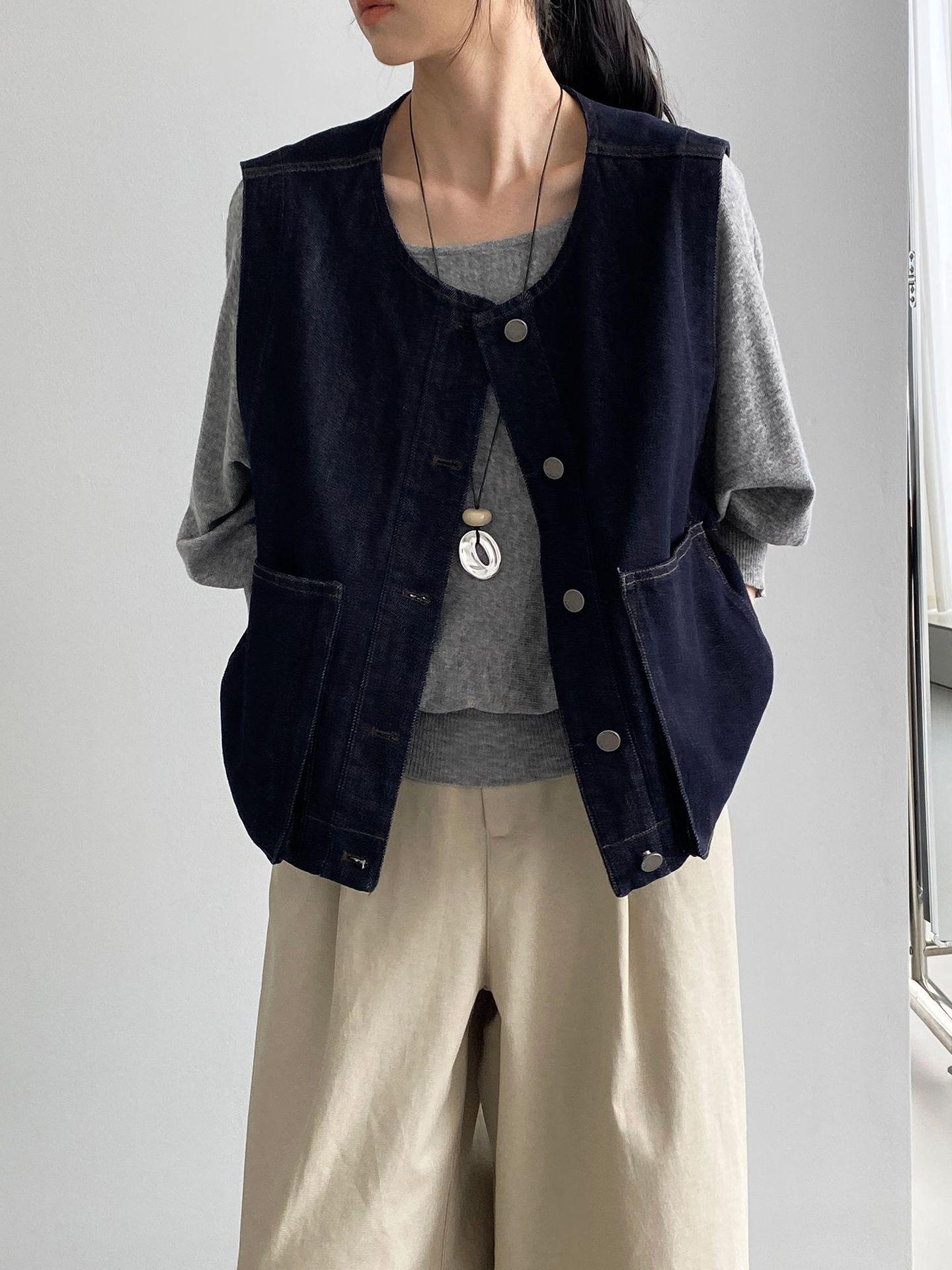 

Раннеосенний ретро минималистичный джинсовый жилет с карманами для женщин - Свободного кроя, универсальная куртка для многослойности. One Size