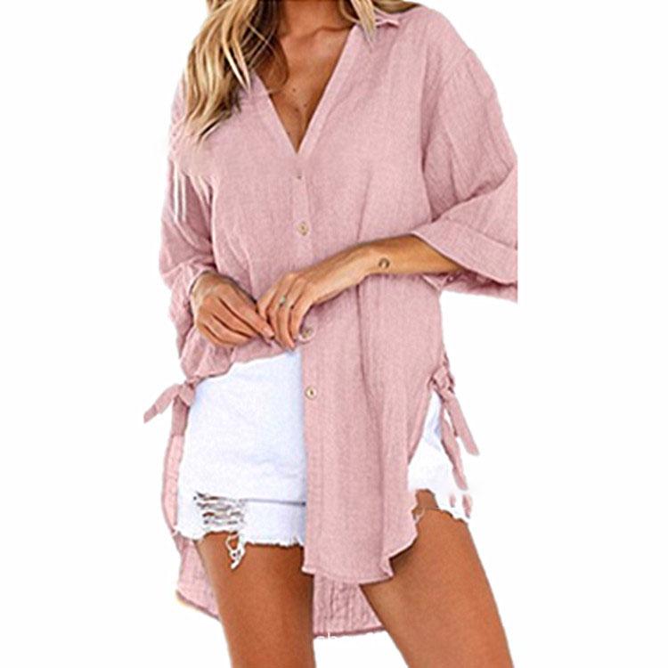 Women Casual Lace-up Button Lapel Shirt Loose Side Knotted Long Sleeve Shirt Plus Size
