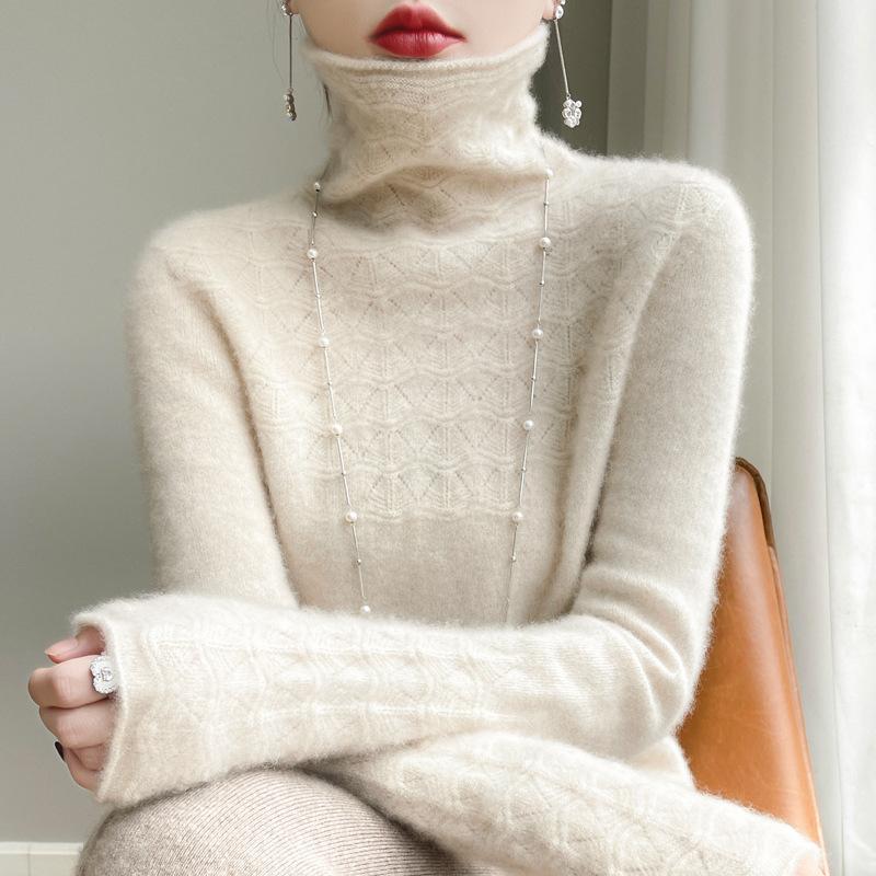 

Шерстяной свитер, зимний, с высоким воротом, однотонный, с длинным рукавом, модный, кашемировый джемпер, женский, бесшовный, ажурный, вязаный свитер XS бежевый