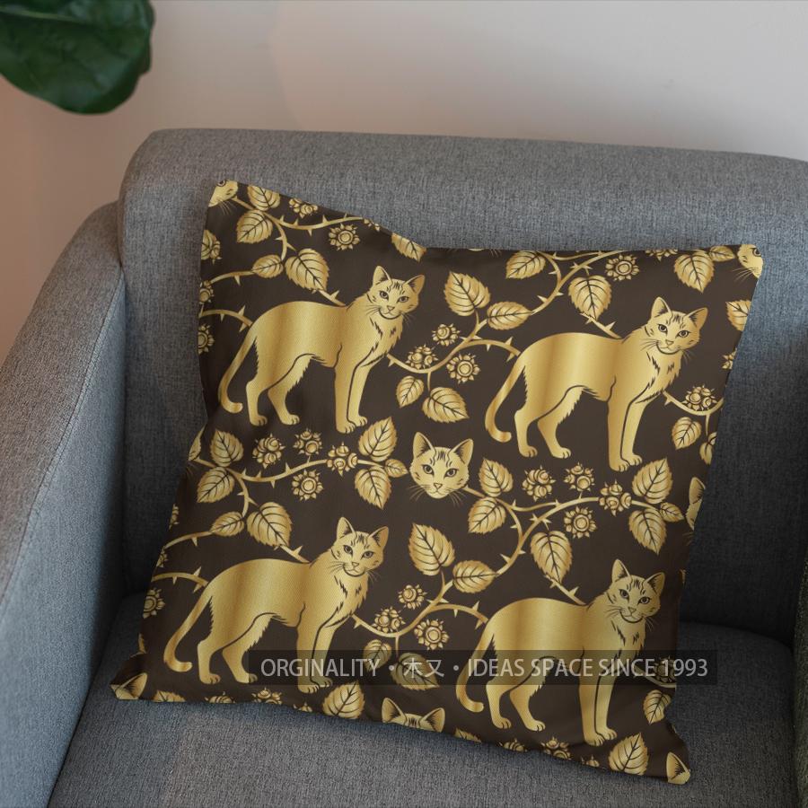 2D Golden Cats And Leaves Pattern Pillow Cover Pattern Cushion Cover Suitable For Sofa Bedroom Car Pillow Cover