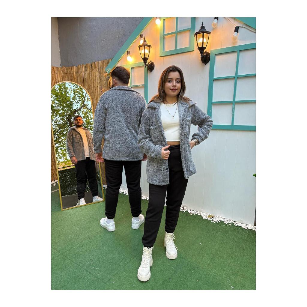 2-piece Men's Plush Jacket With Pockets - Gray Black Winter Shirt Collar