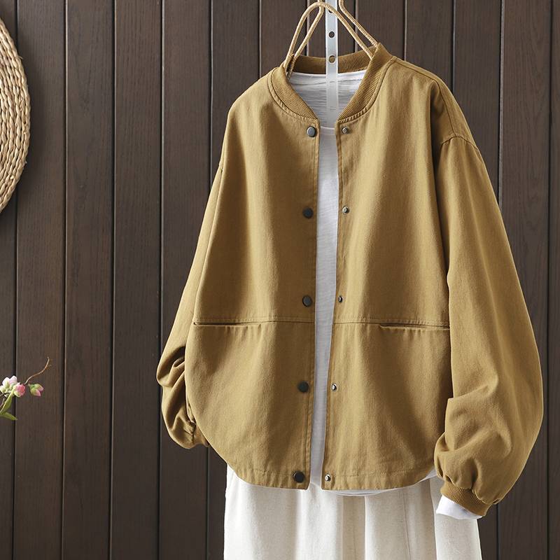 Spring Women Jacket Stand-up Collar Solid Color Loose Leisure Long Sleeve Commute Coat Women Retro Clothes