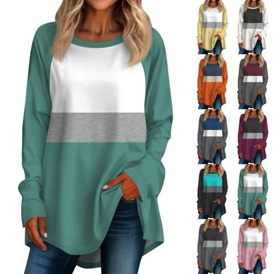 Womens Oversized Striped Color Block Long Sleeve Shirt Crewneck Pullover Striped T-shirt Top Pullover