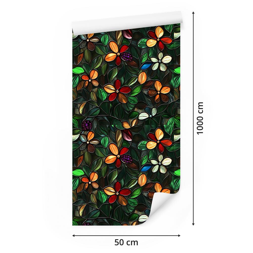Stained Glass Flowers Wallpaper Bottle Green and Black 50x1000