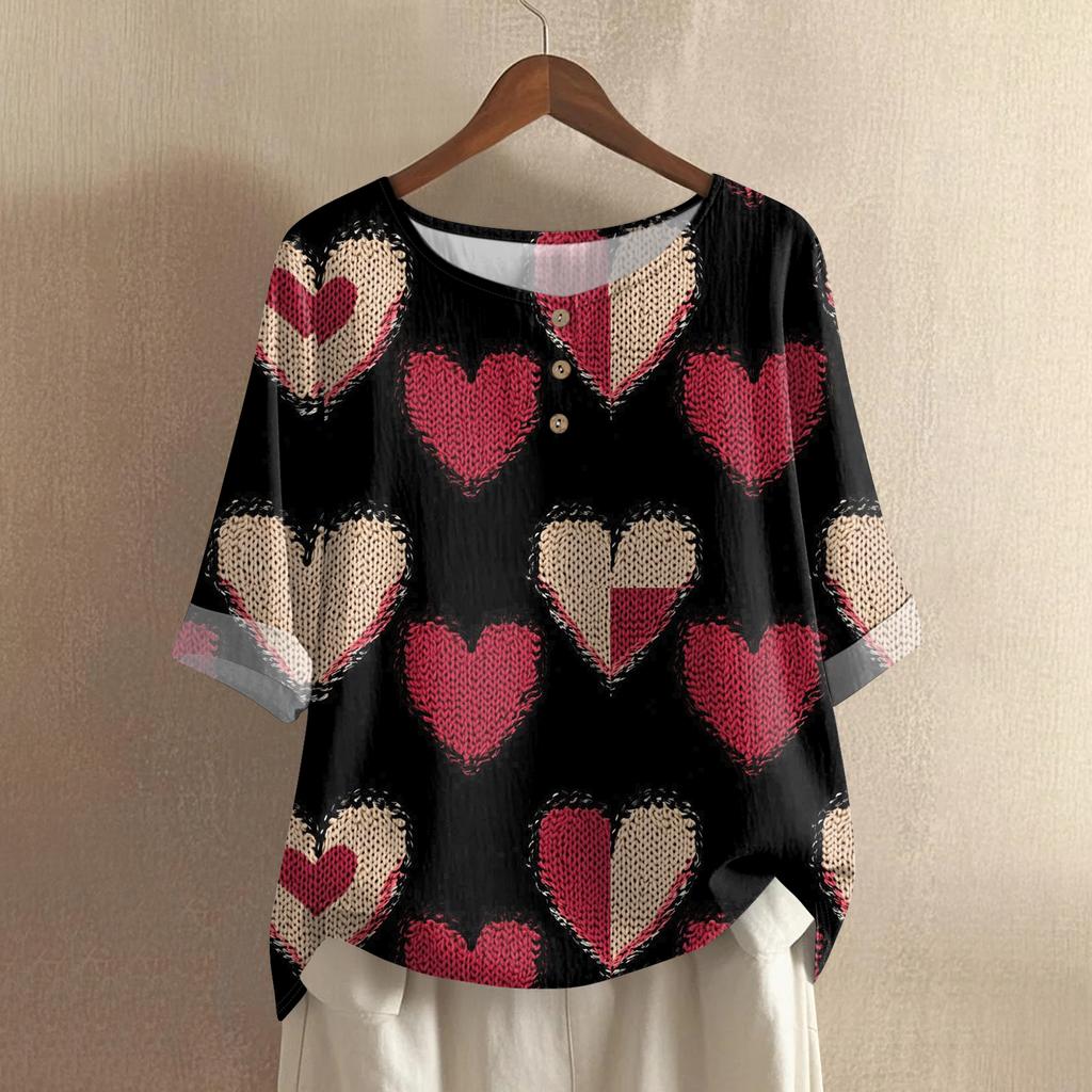 Damska casualowa i wygodna bawełniano-lniana bluzka z okrągłym dekoltem, średniej długości, z modnym nadrukiem