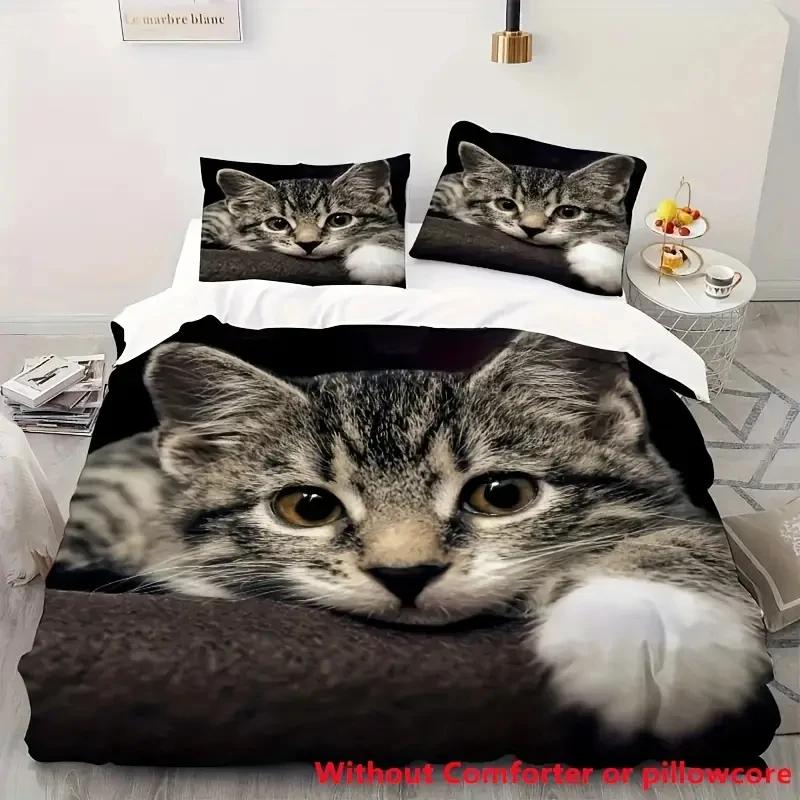 Cute Love Cat 3Pcs Bedding Set 3D Digital Printed Duvet Cover Set Soft Comfortable Breathable Decor For Bedroom, Dorm Lover Gift