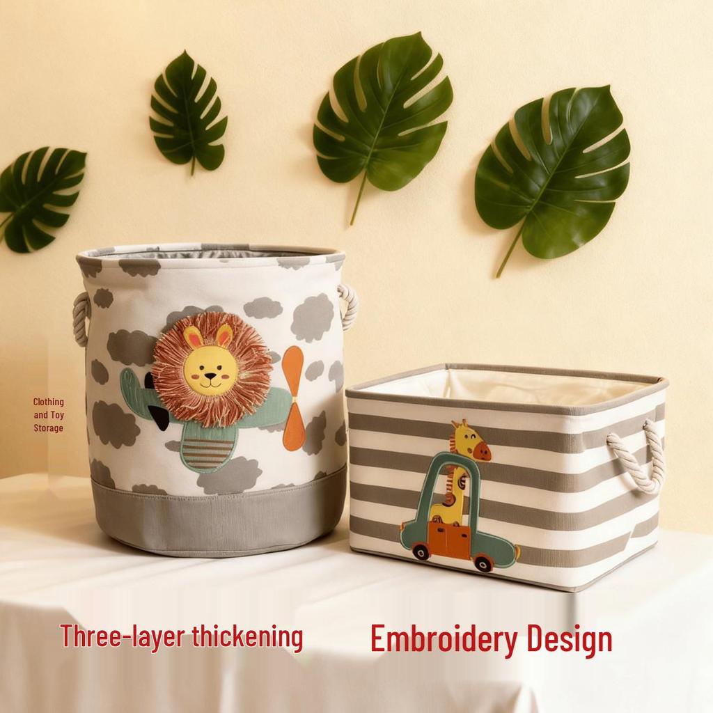 Cartoon Embroidered Fabric Toy Organizer & Laundry Basket